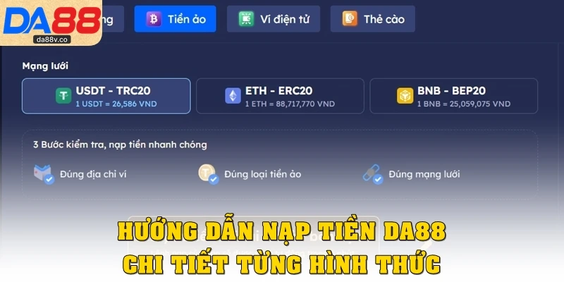 Hướng dẫn nạp tiền DA88 chi tiết từng hình thức